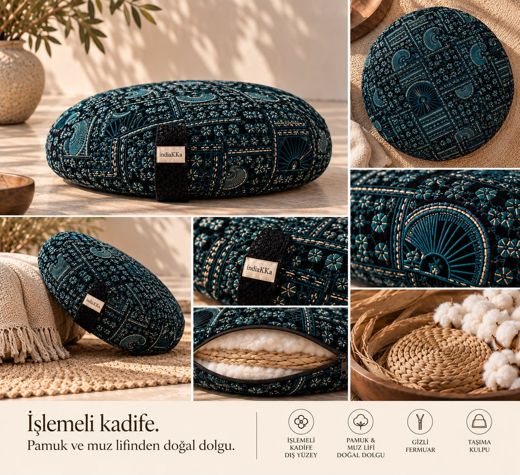 Meditasyon ve Yoga Minderi – İşlemeli Hint Kadifesi, 60 cm