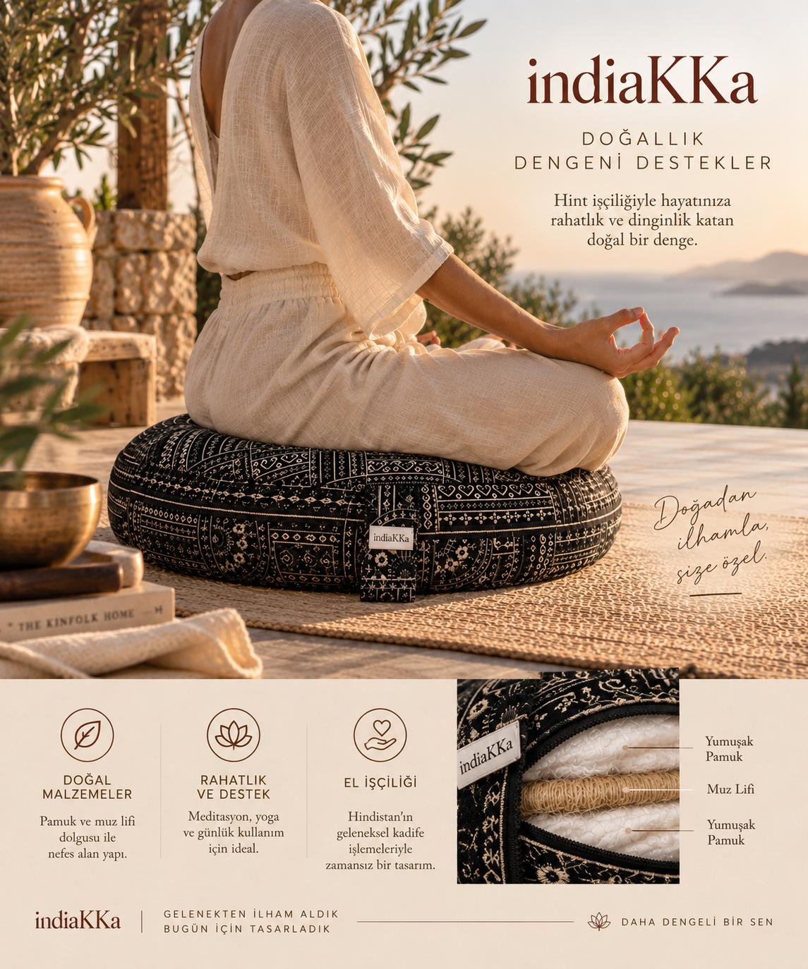 Hint Kumaşı Meditasyon Minderi – Pamuk Dolgulu - 60 cm